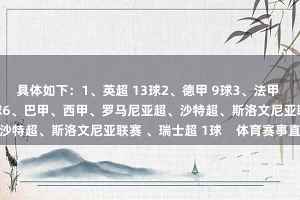 具体如下：1、英超 13球2、德甲 9球3、法甲 4球4、英冠、荷甲 2球6、巴甲、西甲、罗马尼亚超、沙特超、斯洛文尼亚联赛 、瑞士超 1球    体育赛事直播